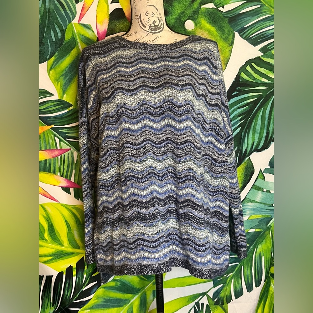 J. Jill XL Heather Blue White Wavy Preppy Knit Fall Winter Coastal Sweater - Picture 2 of 8